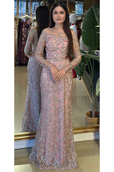 Abiyeniall Pudra Renk Yuvarlak Yaka Uzun Kollu Düz Kesim Simli Uzun Abiye Elb...