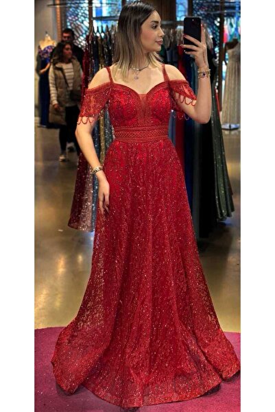 Abiyeniall Kırmızı Düşük Kollu Boncuk İşlemeli   Kloş Etekli Simli Uzun Abiye...