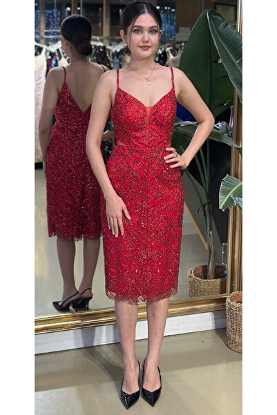 Abiyeniall Kırmızı İp Askılı Bel Dekolteli Düz Kesim Simli Midi Abiye Elbise ...