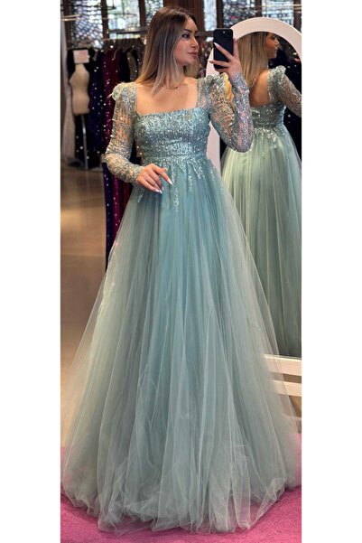 Abiyeniall Μέντα μακρυμάνικο φόρεμα με φούστα από τούλι μέχρι το πάτωμα 7352