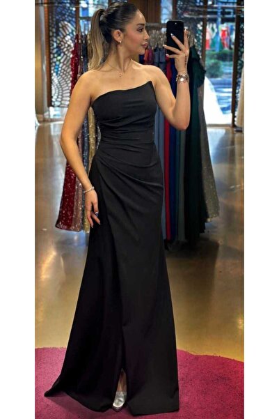 Abiyeniall Siyah Anvelop Yırtmaçlı Düz Kesim Krep Uzun Abiye Elbise 7324