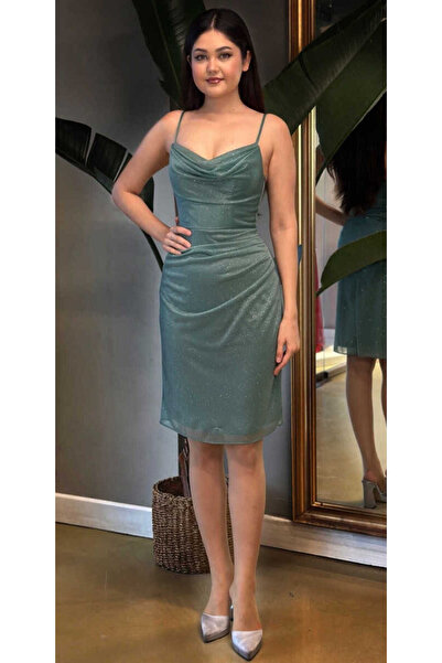 Abiyeniall Mint İp Askılı Düz Kesim Simli Kısa Abiye Elbise 7341