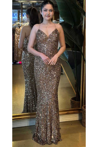 Abiyeniall Bakır İp Askılı V Yaka Sırt Dekolteli Balık Etekli Pul Payet Uzun ...