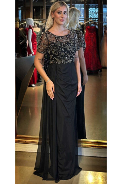 Abiyeniall Siyah Kısa Kollu Yuvarlak Yaka Düz Kesim Tül Uzun Abiye Elbise 7730