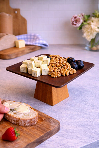 justwood Ligna Melamin Ahşap Rölyefli 22 Cm Piramit Ayaklı Pasta Tabağı, Serv...