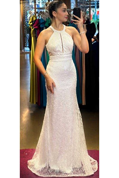 Abiyeniall Beyaz Balık Etekli Simli Uzun Abiye Elbise 7460