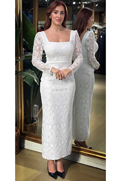 Abiyeniall Beyaz Kare Yaka Uzun Kollu Yırtmaçlı Düz Kesim Dantel Midi Abiye E...