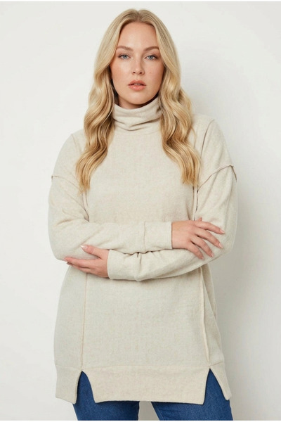 Stil Diva Plus Size Turtleneck Long Sleeve Slit Sweater with Stitching Detail...