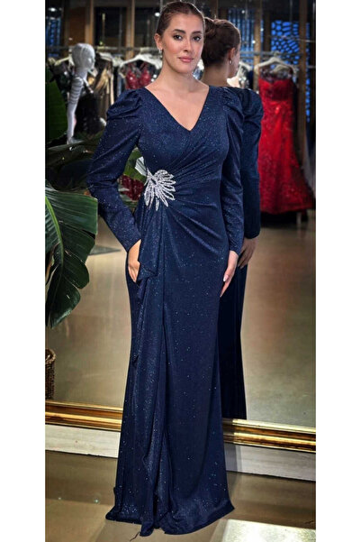 Abiyeniall Lacivert V Yaka Uzun Kollu Taş Detaylı Anvelop Yırtmaçlı Düz Kesim...