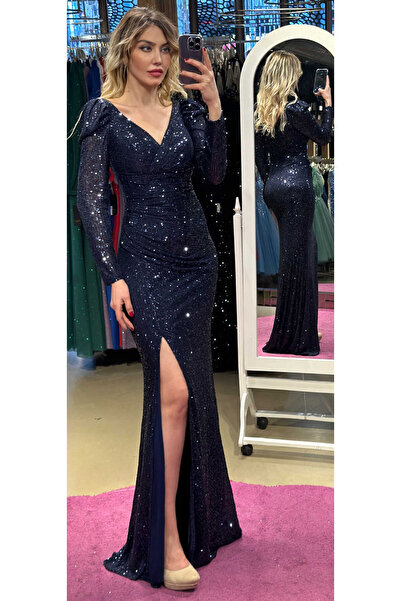 Abiyeniall Lacivert Uzun Kollu Yırtmaçlı Düz Kesim Payet Uzun Abiye Elbise 7321