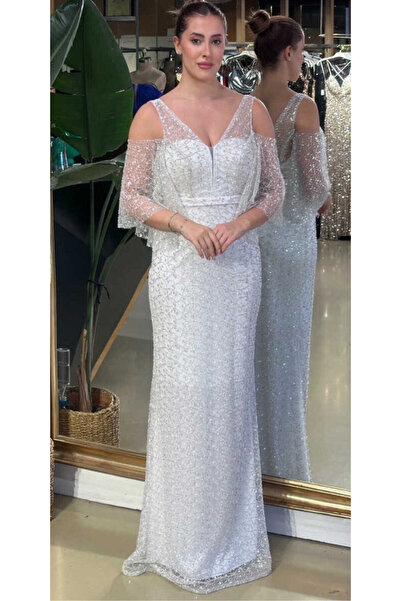 Abiyeniall Boncuklu Beyaz Abiye 7671