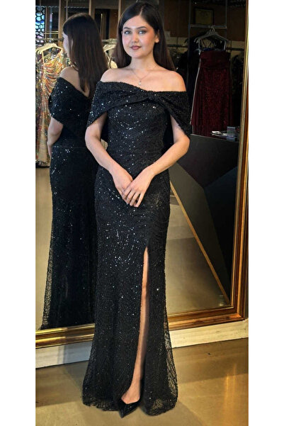 Abiyeniall Siyah Madonna Yaka Yırtmaçlı Düz Kesim Pullu Boncuklu Uzun Abiye E...