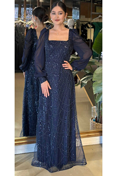 Abiyeniall Lacivert Kare Yaka Uzun Kollu Düz Kesim Pullu Boncuklu Uzun Abiye ...