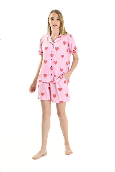 Yeni İnci Heart Pattern Women's Shorts Pajama Set 1820