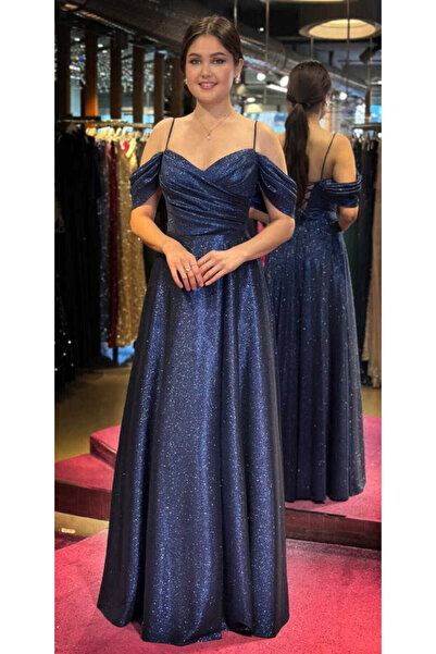 Abiyeniall Lacivert İp Askılı Sırt Dekolteli Anvelop Yırtmaçlı Kloş Etekli Si...