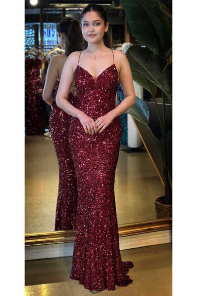 Abiyeniall Bordo İp Askılı V Yaka Sırt Dekolteli Balık Etekli Pul Payet Uzun ...