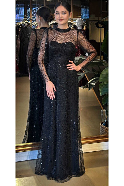 Abiyeniall Siyah Yuvarlak Yaka Uzun Kollu Düz Kesim Pullu Boncuklu Uzun Abiye...