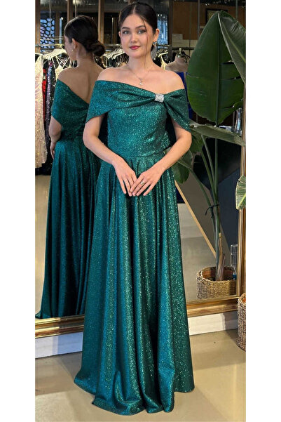 Abiyeniall Yeşil Simli Kloş Uzun Abiye Elbise 11007-1