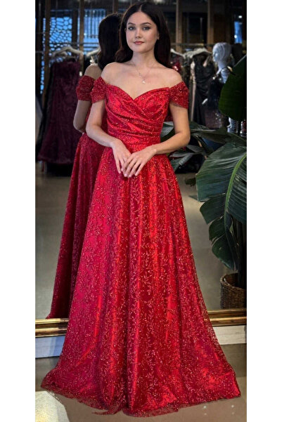 Abiyeniall Kırmızı Madonna Yaka Sırt Dekolteli Kloş Etekli Simli Uzun Abiye E...