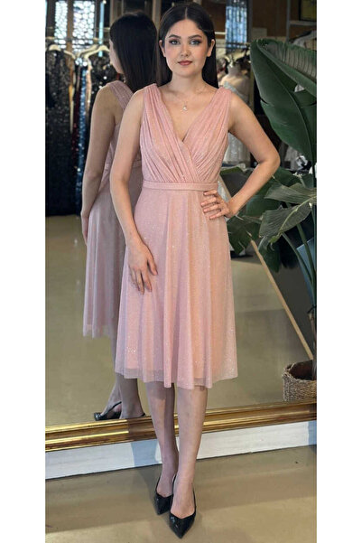 Abiyeniall Pudra Renk  Kalın Askı Kloş Etekli Simli Kısa Abiye Elbise 7119