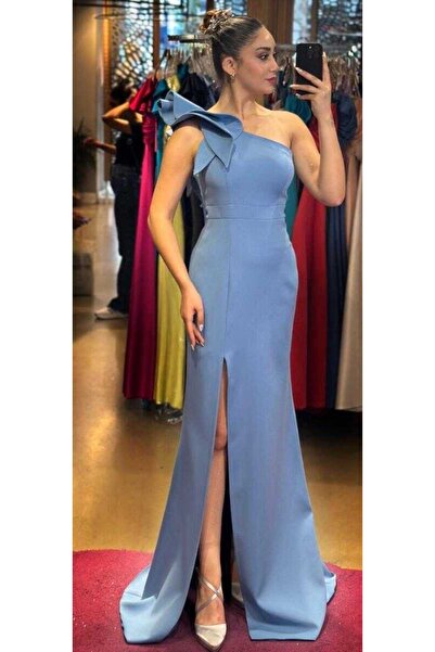 Abiyeniall İndigo Tek Omuzlu Yırtmaçlı Düz Kesim Krep Uzun Abiye Elbise 6956