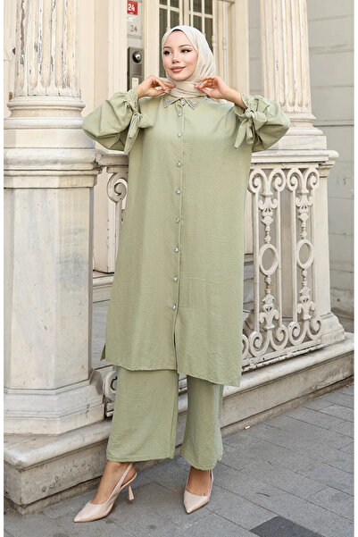 sefamerve طقم بنطلون تونيك بأزرار من قماش ايروبين مكون من قطعتين 2147-06 كاكي