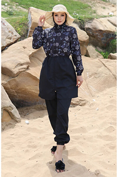 sefamerve Çapa Desenli Beli Lastikli Tesettür Mayo 5038-01 Siyah Mavi