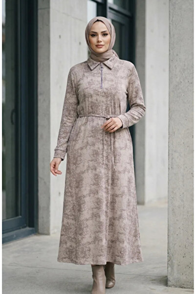 sefamerve فستان مودال بياقة قميص وسحاب ورباط 0235-01 مينك