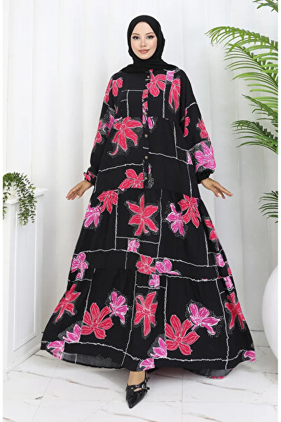 sefamerve Φόρεμα Alaçatı με μοτίβο με μισό κουμπί βισκόζης 2085-01 μαύρο φούξια