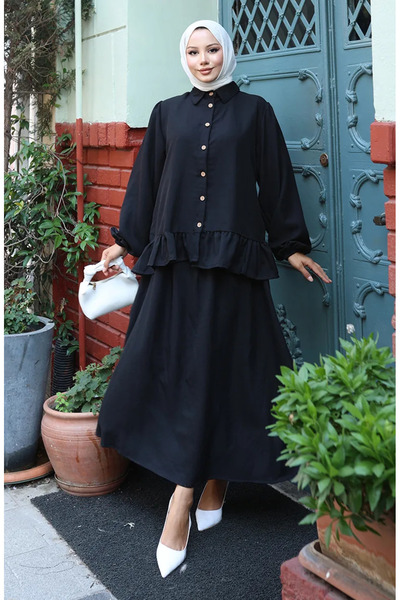 sefamerve Διπλό Σετ Φούστα Τουνίκ με βολάν 0146A-01 Μαύρο