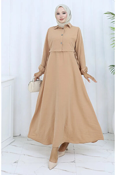 sefamerve Αερομπιν Υφασμάτινο Γιλέκο Φόρεμα Διπλό Σετ 2142-01 Μπεζ