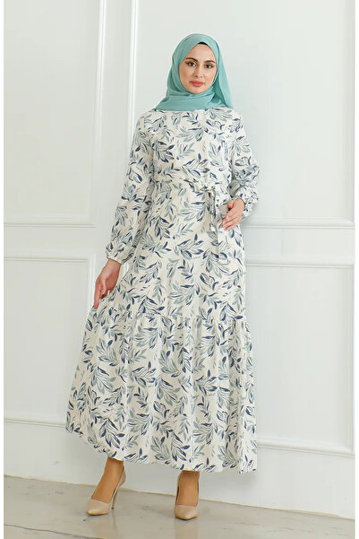 sefamerve Μπεζ λινό φόρεμα - με στάμπα και ζώνη, πράσινο 0471-02