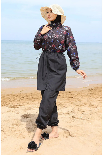 sefamerve Costum de baie Hijab cu model ancora cu talie elastică 5038-02 Roșu...