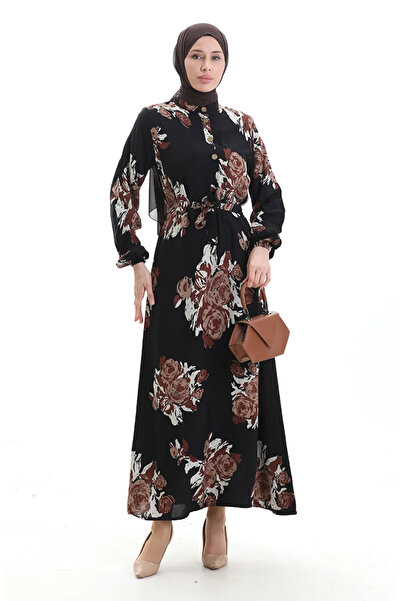 sefamerve Rochie cu model cu curea cu nasturi 2076-02 Negru Maro