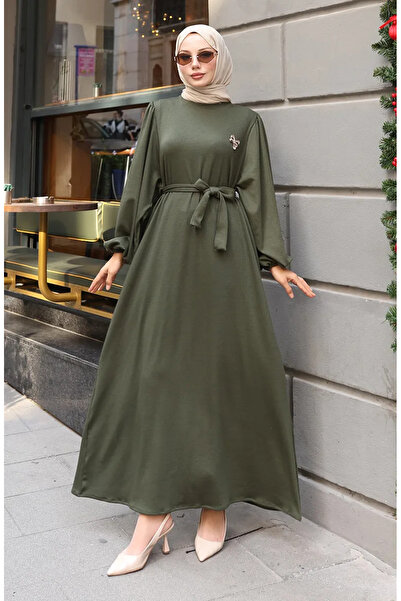 sefamerve Brooch and lace detailed Corded Fabric hijab dress 0220-02 khaki