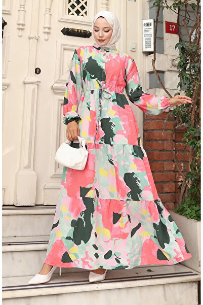 sefamerve Φόρεμα από ύφασμα με κορδόνια στη μέση 0166-01 Dusty Rose Green