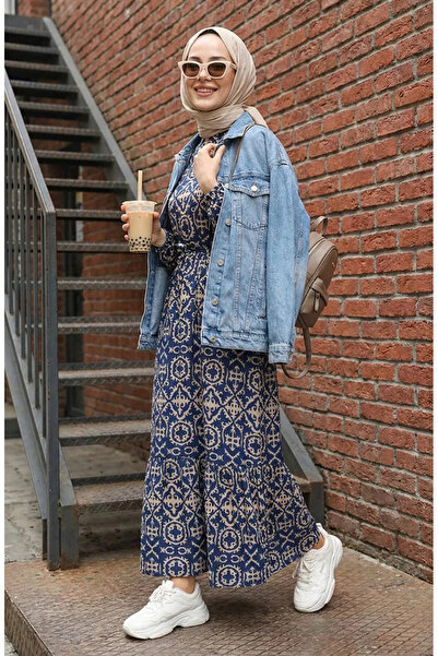 sefamerve فستان منقوش باللون الأزرق الداكن - 0362-04