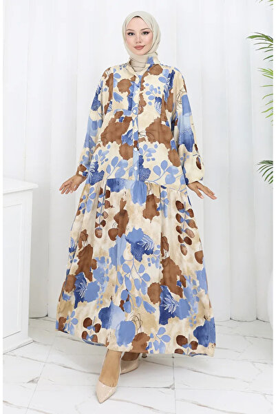 sefamerve Φόρεμα με μισό κουμπί από ύφασμα βισκόζης 2129-02 Καφέ Μπλε