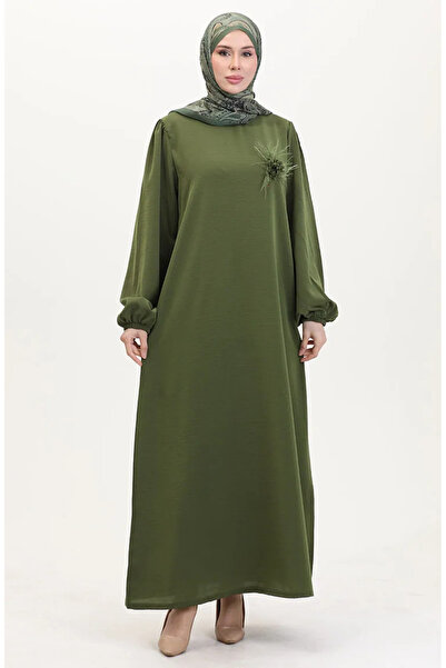 sefamerve Broş Detaylı Elbise 0017-04 Haki