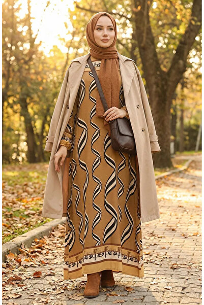 sefamerve فستان فيسكوز بني حليبي بأكمام مطاطية 0031-02