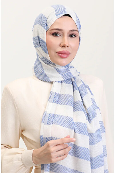 sefamerve Λινό σάλι με γεωμετρικό σχέδιο 70285-12 μπλε κοβαλτίου