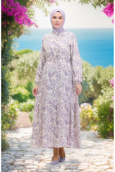 sefamerve فستان من الكتان باللون البيج - أزرار أمامية وأربطة 0520B-05