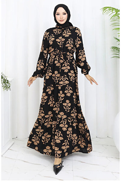 sefamerve Φόρεμα με μοτίβο με μισό κουμπί 2052-05 Μαύρος καφές γάλακτος
