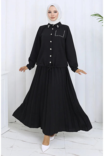 sefamerve Πουκάμισο με πέτρινο κουμπί Φούστα Διπλό Σετ 2113-05 Μαύρο