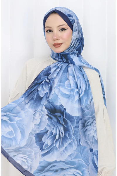 sefamerve Pamuklu Desenli Koza Şal 70322-04 Lacivert Mavi