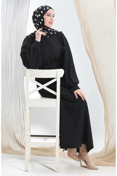 sefamerve Φόρεμα Seersucker Fabric Belted 2043-04 Μαύρο