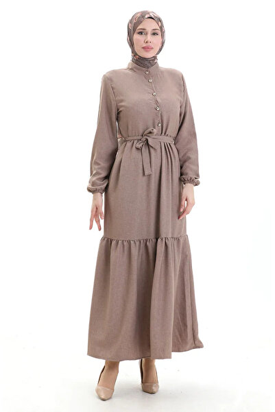 sefamerve Rochie cu mâneci elastică și nasturi 0104-02 maro