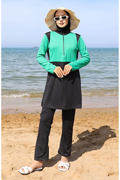 sefamerve Fermuarlı Tesettür Mayo 2508-04 Yeşil Siyah