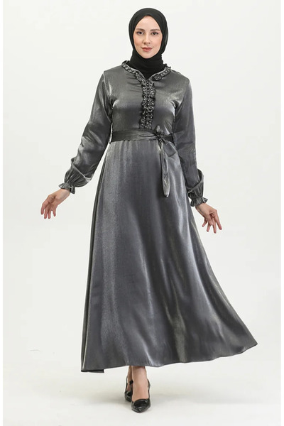 sefamerve Silver Colored Glittery Linen Belted Dress - 81863-05