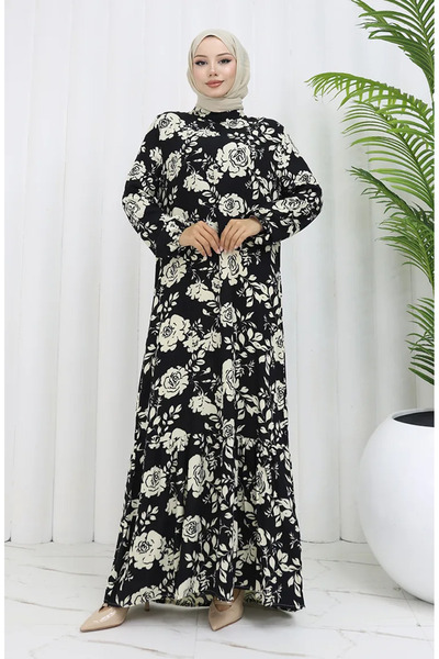 sefamerve Rochie cu model din țesătură viscoză cu mâneci elastice 2037-01 Negru